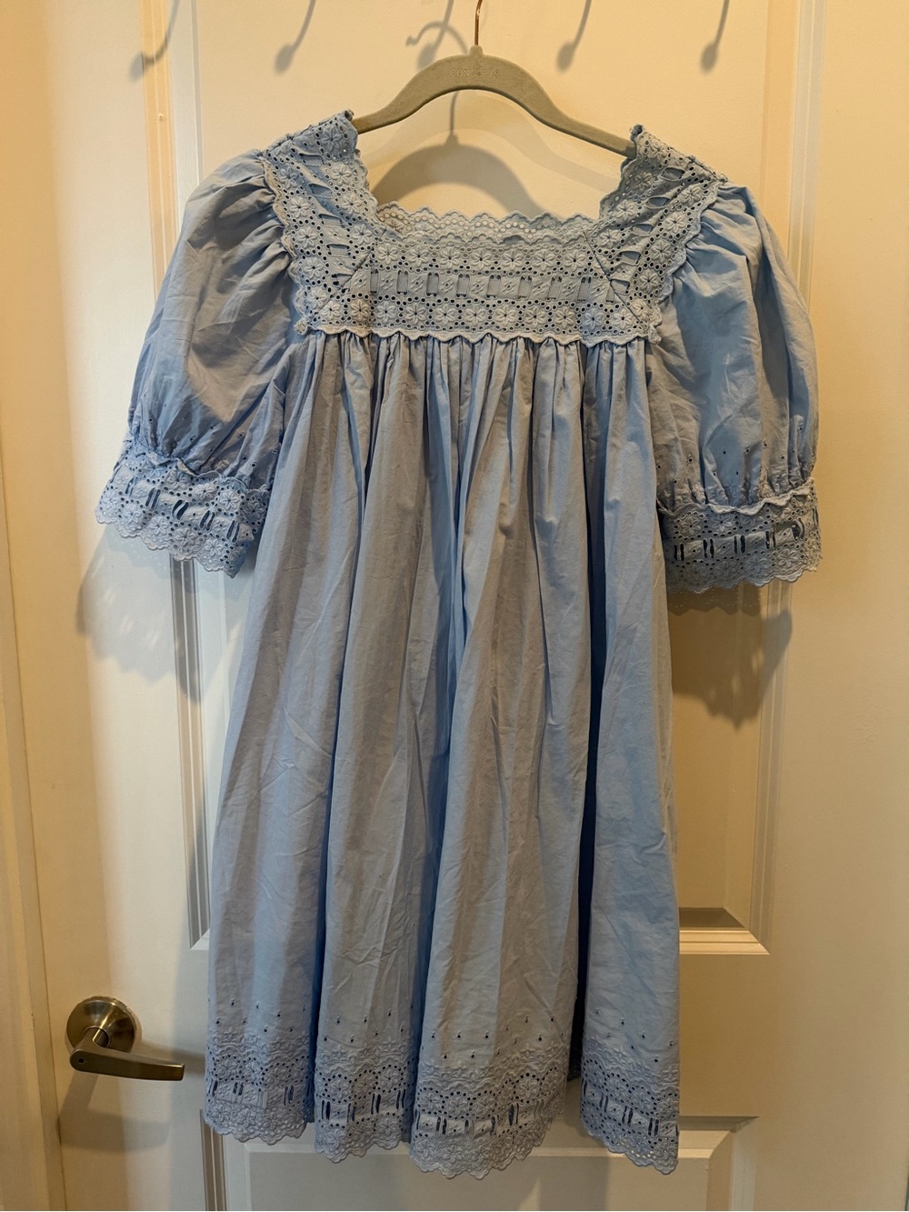 Doen Powder Blue Eyelet-Trim Puff Sleeve Mini Dress